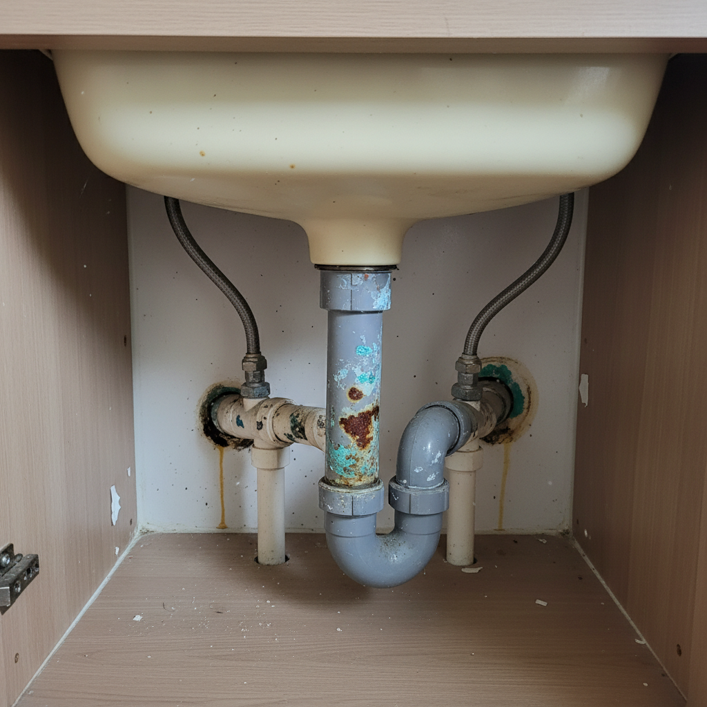 20년 된 동작구 아파트 주방의 노후된 배관과 주변 환경 전경