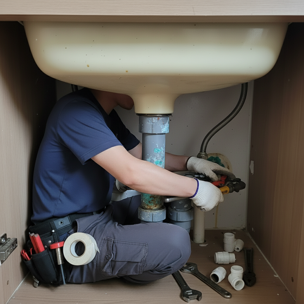 배관 렌치와 파이프 커터를 사용하여 노후 배관의 이음부를 정밀하게 분리하고 절단하는 모습