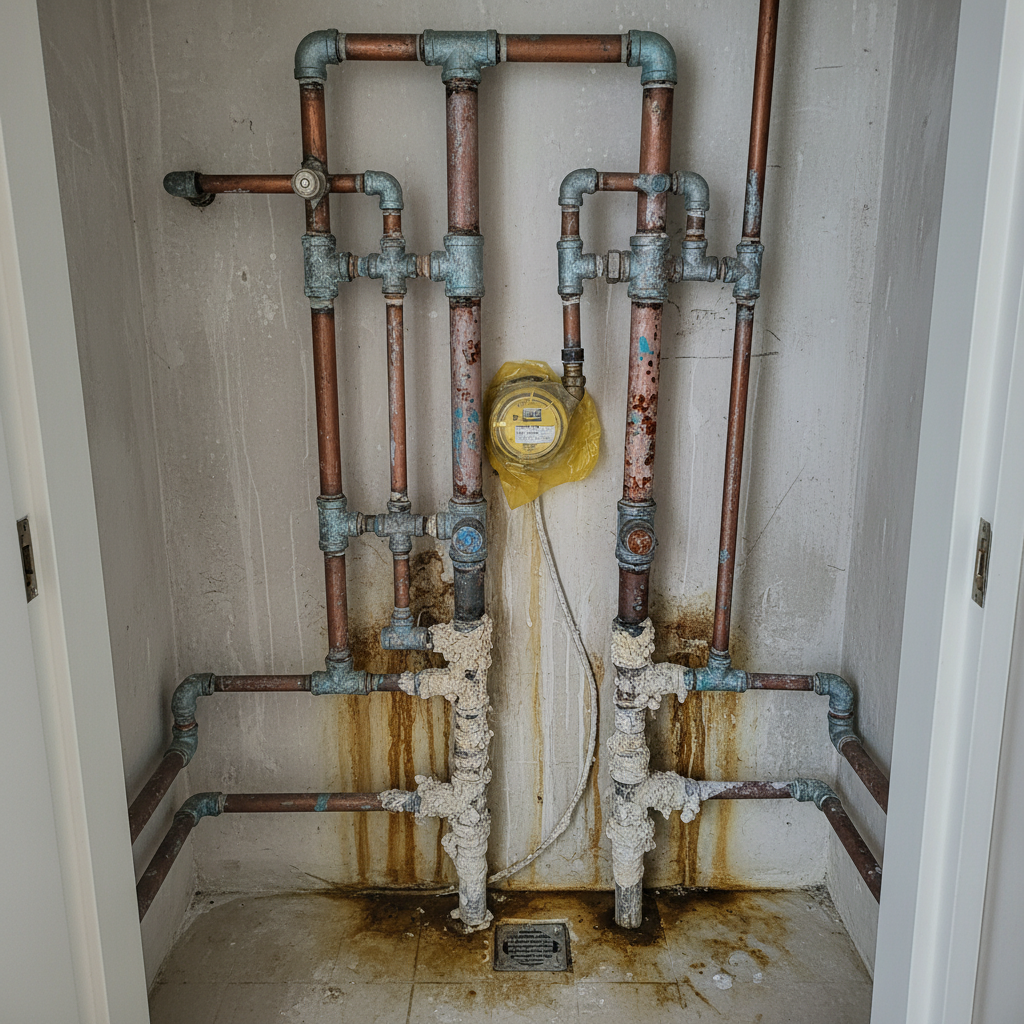 고양시 일산 빌라의 녹이 슬고 노후화된 수도 배관 작업 전 모습. 세월의 흔적이 고스란히 느껴지는 배관의 상태가 교체의 필요성을 명확히 보여줍니다.