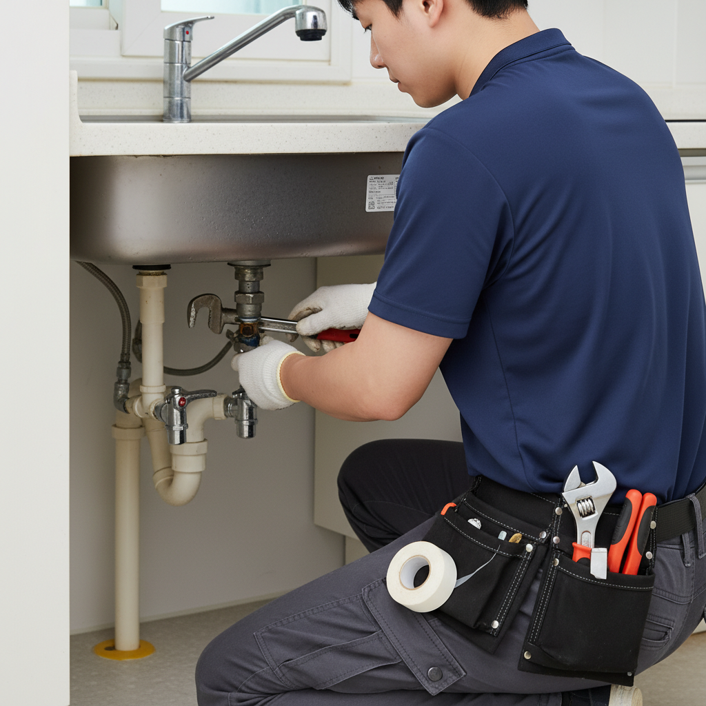 새로운 수전을 설치하며 토치로 연결 부위를 미세 조정하고 실링테이프로 완벽하게 마감하는 섬세한 작업. 누수 없이 견고한 설치를 위한 청수설비의 기술력을 보여줍니다.