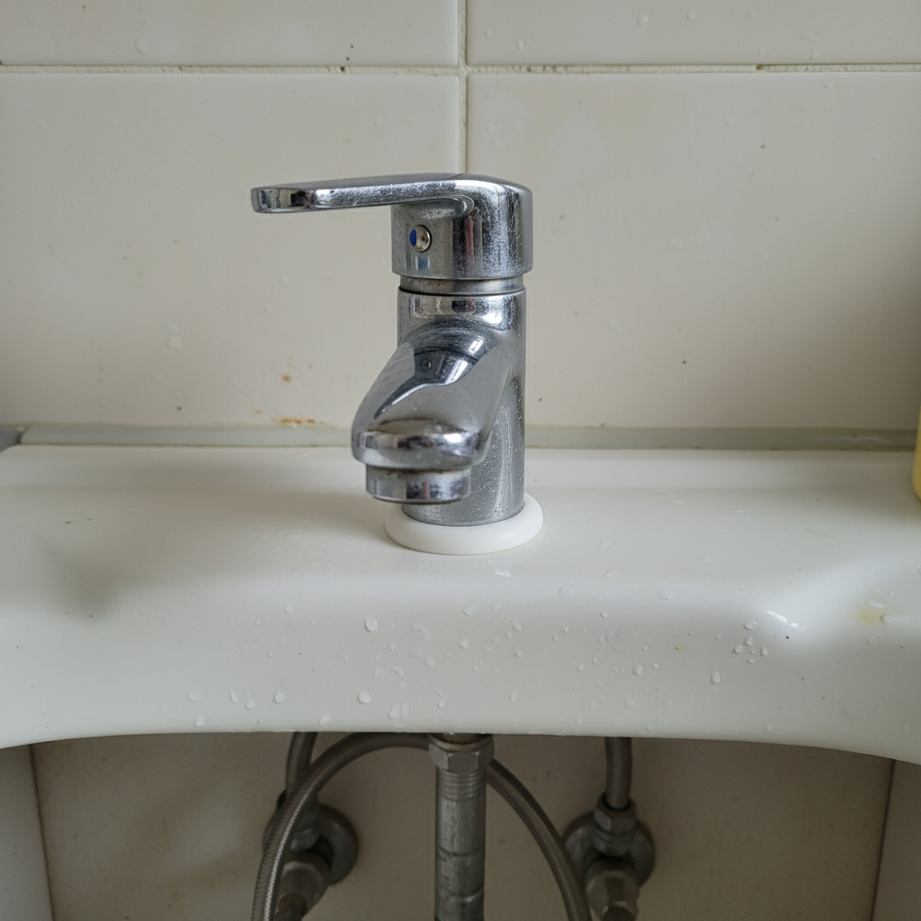 반짝이는 새 수전이 깔끔하게 설치되어 주방 공간에 새로운 분위기를 더하는 모습