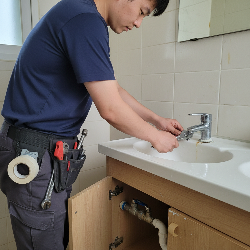 수도 배관과 새 수전의 연결 부위에 토치를 이용하여 열처리 작업을 진행하며 견고하게 밀봉하는 청수설비 기술자의 모습